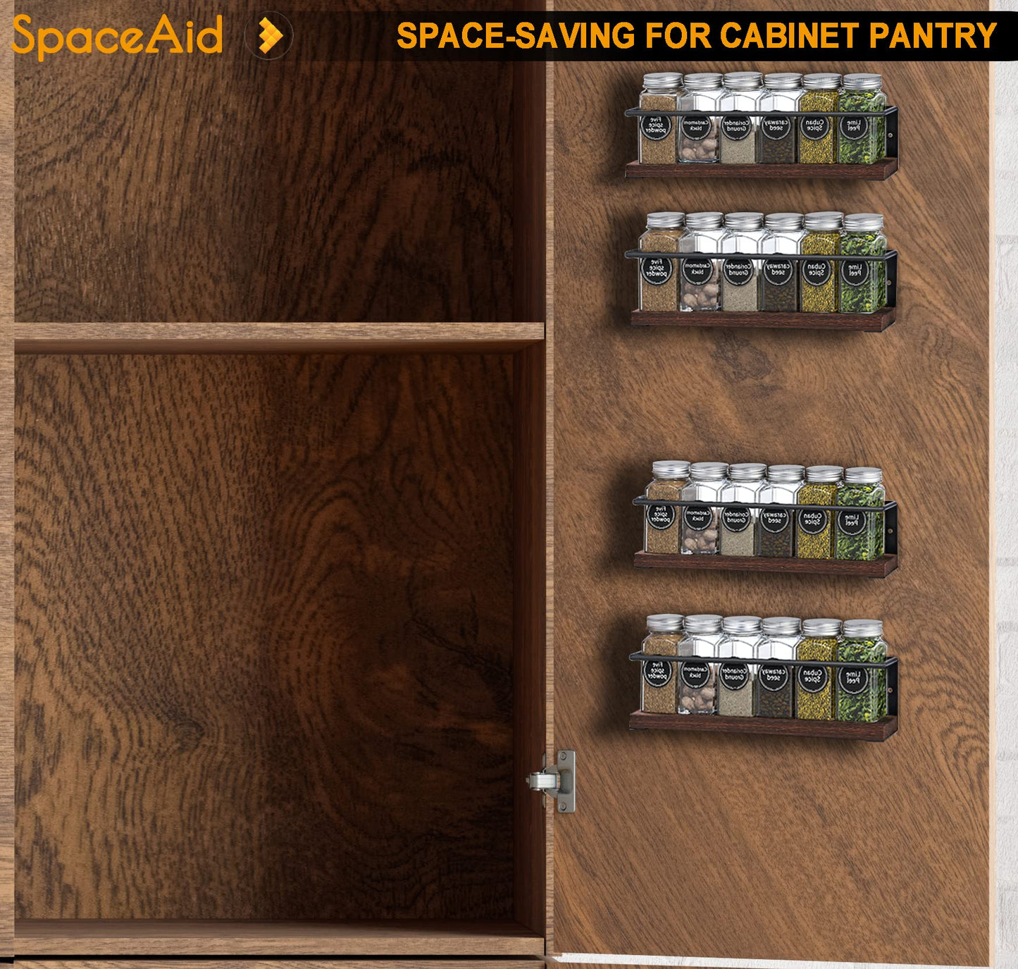 SpaceAid Spice Rack with 24 Spice Jars, 386 Spice Labels, Chalk Marker and Funnel, Wood Hanging Seasoning Shelf for Cabinet Door or Wall Mount (4 Pack)