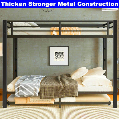 STERXONE Upgraded Version Thicken Metal Heavy Duty Queen Over Queen Bunk Bed with Twin Size Trundle, Stronger Steel Bunk Bed with Ladder for Adults, Easy Assembly (Queen Over Queen)