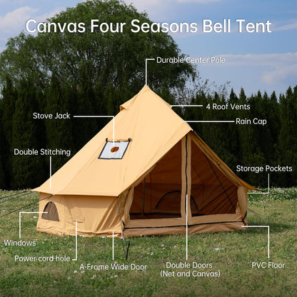 WaldZimmer Canvas Bell Tent 10ft Ginger with Stove Jack and Zipped Removable Floor, Luxury Outdoor Glamping Yurt Cotton Tent for Family Truck Car Camping Hunting Party