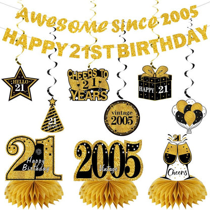 Kuxriox 11Pcs 21st Birthday Decorations Kit for Men Women, Black Gold Happy 21st Birthday Banner, Awesome Since 2005 Centerpieces Swirls Party Supplies, 21 Bday Banner Ceiling Table Topper Sign
