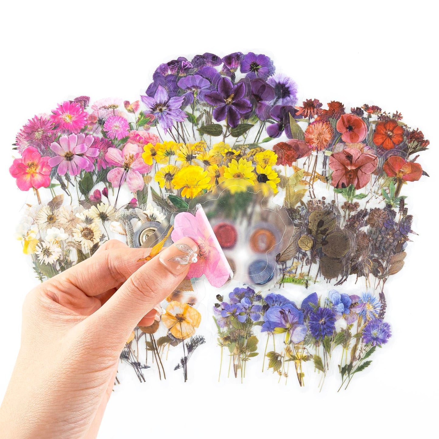 RISYPISY 320PCS Pre-Cut Floral Stickers Set Small Flower Decal Journal Stickers PET Flower Sticker for Adult Card Making Letters DIY, Double Blade Line-Easy to Peel