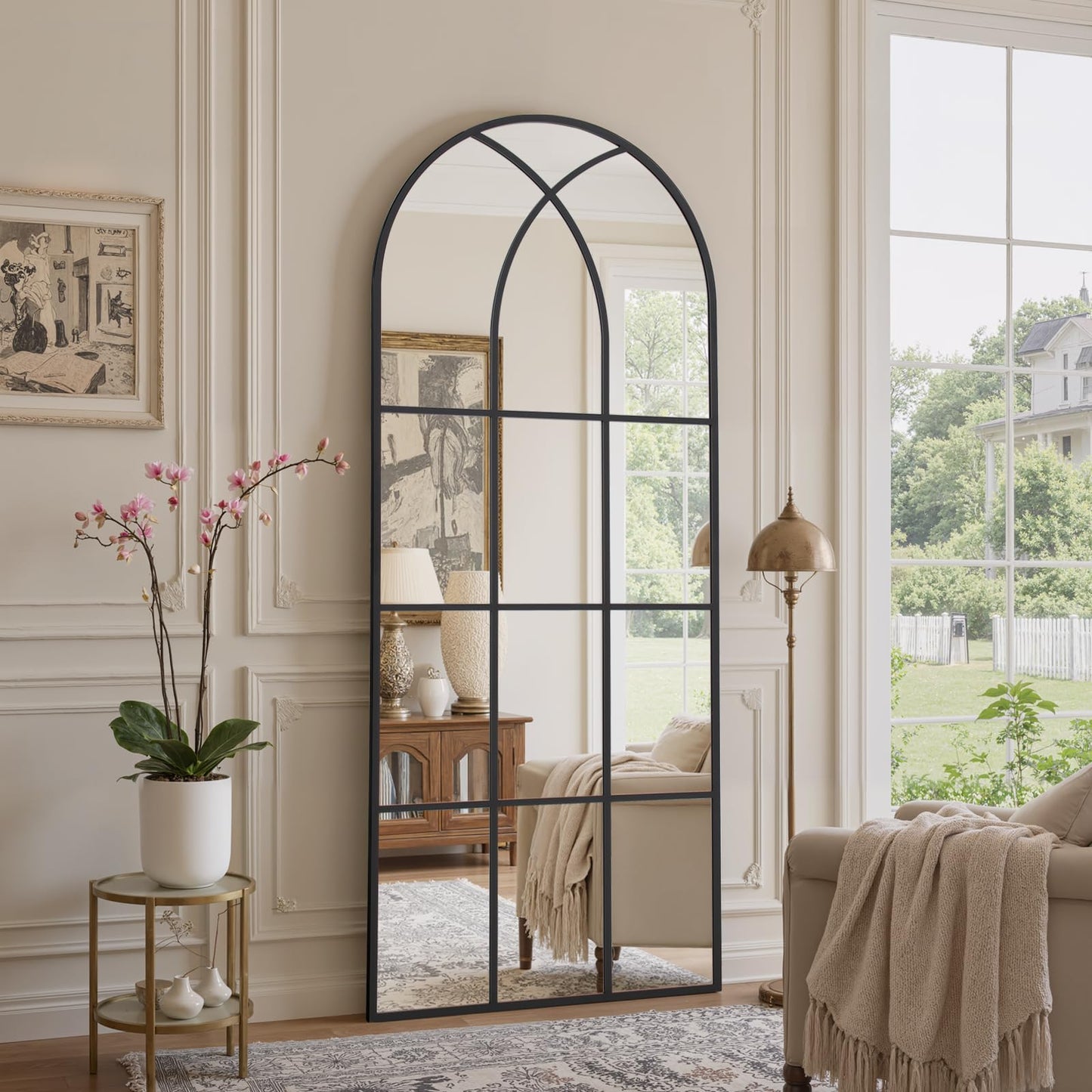 Arched Window pane Full Length Mirror 24"x65", Full Body Standing Mirror, Window Shaped Farmhouse Style with Aluminum Frame, Decor Wall Mirrors for Living Room, Courtyard, Bedroom, Entryway, Black