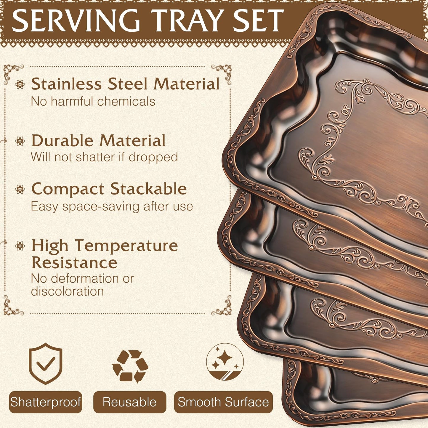 FoldTier 4 Pack Serving Trays Set for Party, Butterfly Floral Bronze Platter Engraved Mirror Tray, 15.8 x 11.6 Inches Elegant Metal Plate for Food Appetizer Cookies Desserts (Bronze)