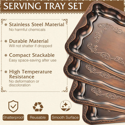 FoldTier 4 Pack Serving Trays Set for Party, Butterfly Floral Bronze Platter Engraved Mirror Tray, 15.8 x 11.6 Inches Elegant Metal Plate for Food Appetizer Cookies Desserts (Bronze)