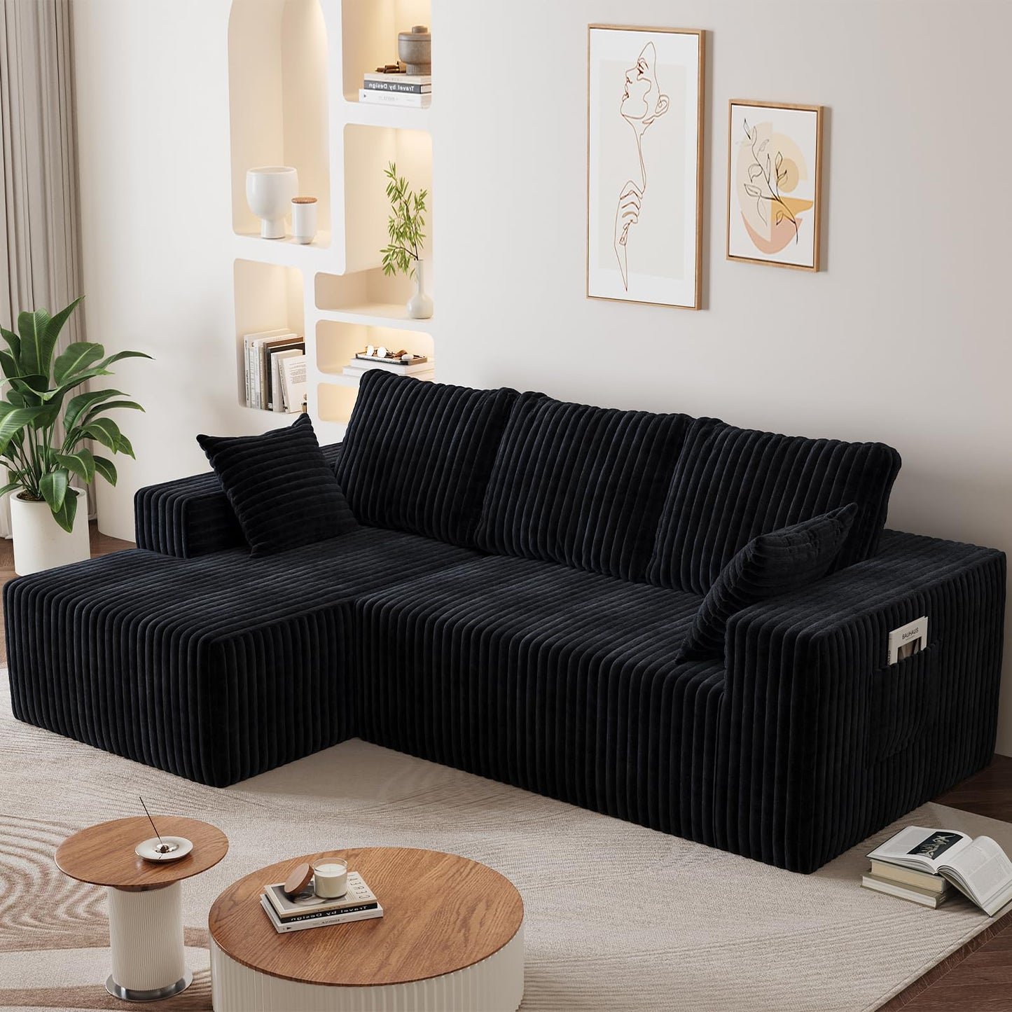 94" Sectional Couches for Living Room, Modular Sectional Sofa with L-Shape Chaise, Cloud Couch, Comfy Flannel Fluffy Couch with Pillows and Side Pockets NoAssembly (Black, Left Facing Chaise-96-inch)