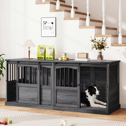 Homiflex 72" Double Dog Crate Furniture for 2 Medium Large Dogs Wooden Heavy Duty Dog Kennel Furniture with 2 Sliding Doors and Divider Decorative Dog Cage TV Stand End Table for Indoor, Grey