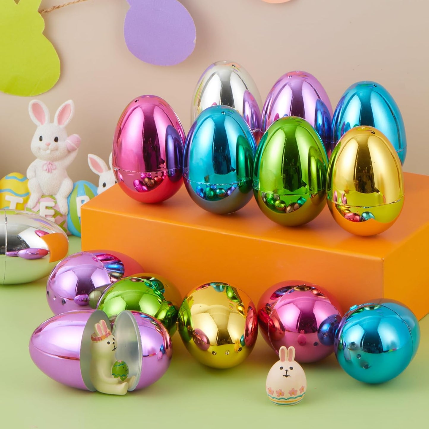 3.15" 24PCS JOYIN Metallic Easter Eggs, Shinny Plastic Eggs Colorful Bulks for Easter Hunt, Filling Treats, Easter