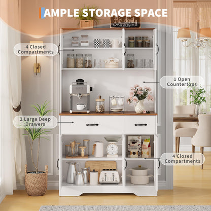 IDEALHOUSE 71" Kitchen Pantry Storage Cabinet with Charging Station, Farmhouse Kitchen Hutch Cabinet with 2 Storage Drawers, Large Food Pantry with Microwave Stand for Dining Room,Living Room,White