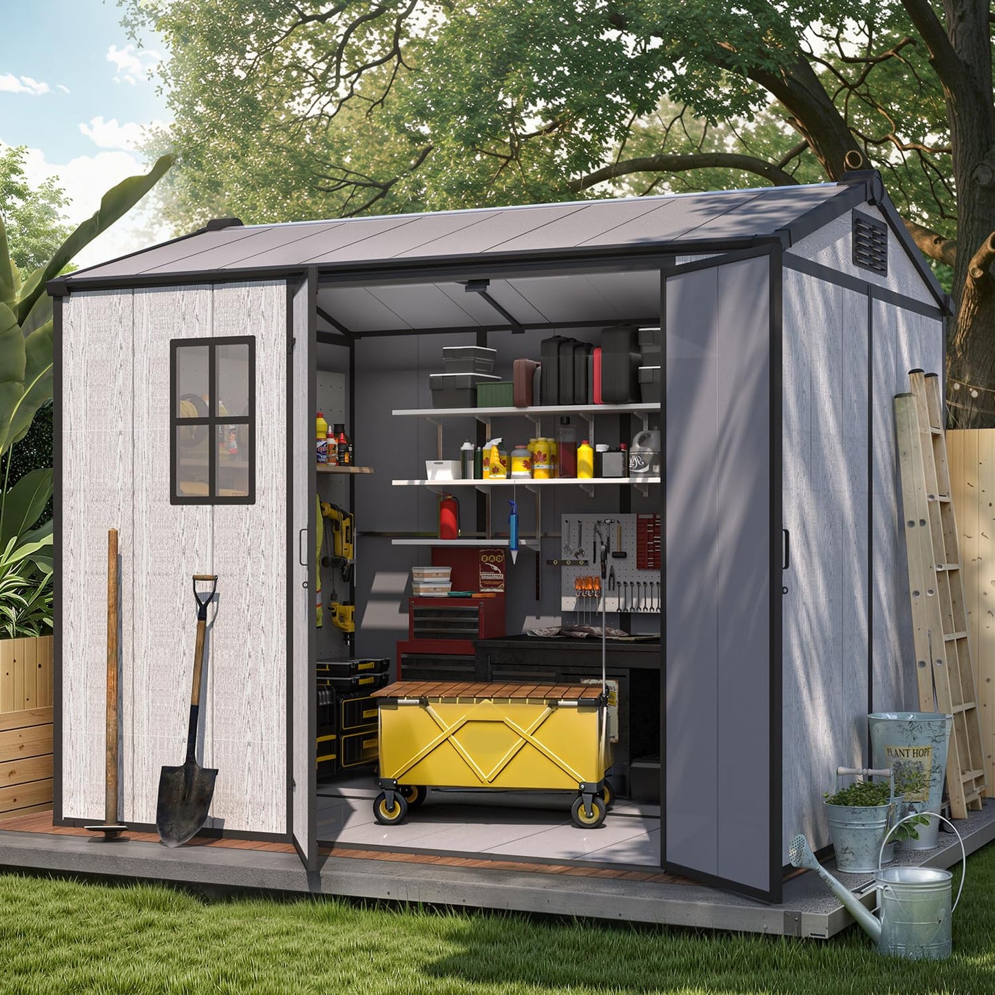 MELLCOM 6 x 8 FT Plastic Outdoor Storage Shed with Windows, Plastic Outdoor Storage Tool Shed with Floor and Lockable Door, Resin Garden Shed for Lawnmower, Bike, Pool Supply