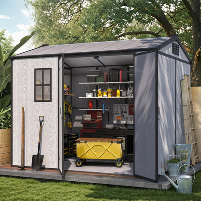 MELLCOM 6 x 8 FT Plastic Outdoor Storage Shed with Windows, Plastic Outdoor Storage Tool Shed with Floor and Lockable Door, Resin Garden Shed for Lawnmower, Bike, Pool Supply