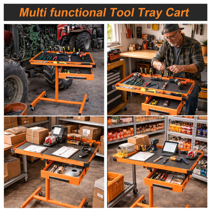 A A IN LT018 Heavy Duty Adjustable Work Table with Drawers, Rolling Tool Tray on Wheels of 220lbs Capacity, Mobile Service Tray for Mechanic