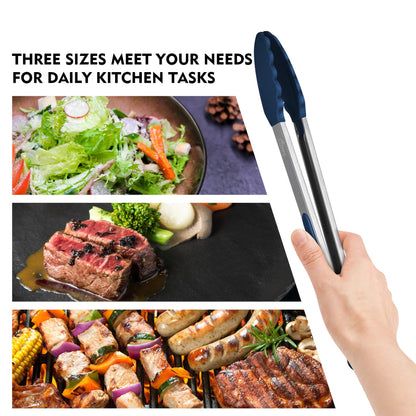 HOTEC Premium Stainless Steel Locking Kitchen Tongs with Silicon Tips, Set of 3-7", 9" and 12" (Gradient Blue)