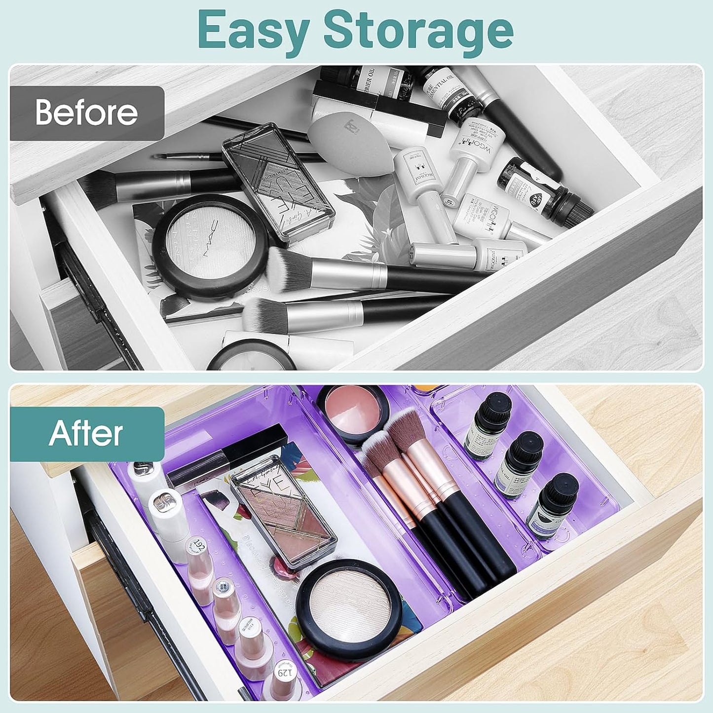 WOWBOX 6 PCS Plastic Drawer Organizer Set for Makeup, Jewelry, and Gadgets in Kitchen, Bedroom, Bathroom (Purple)