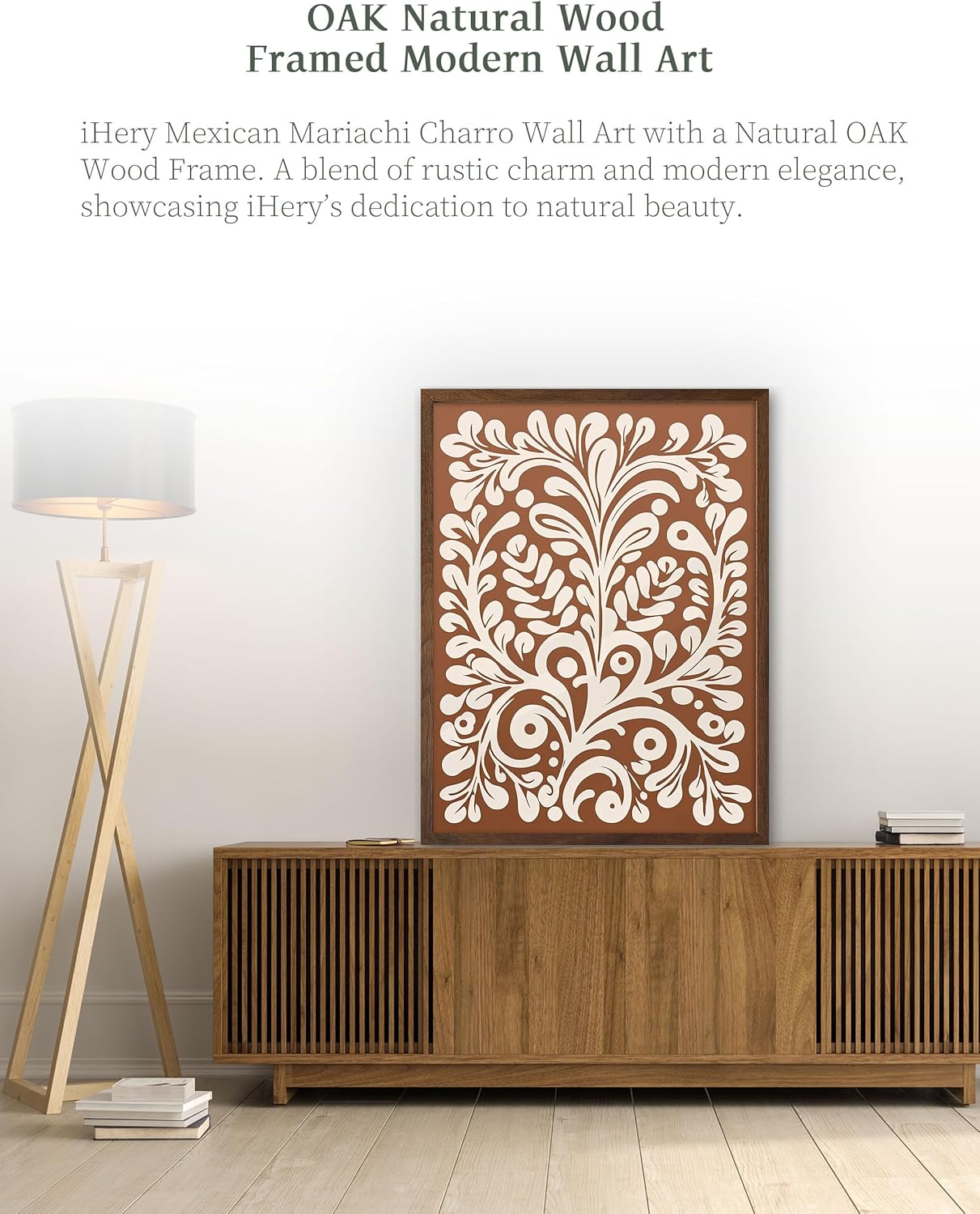 12x16in 1Pack iHery Natural OAK Walnut Color Wood Abstract Mexican Framed Wall Art, Talavera Tile Burnt Orange