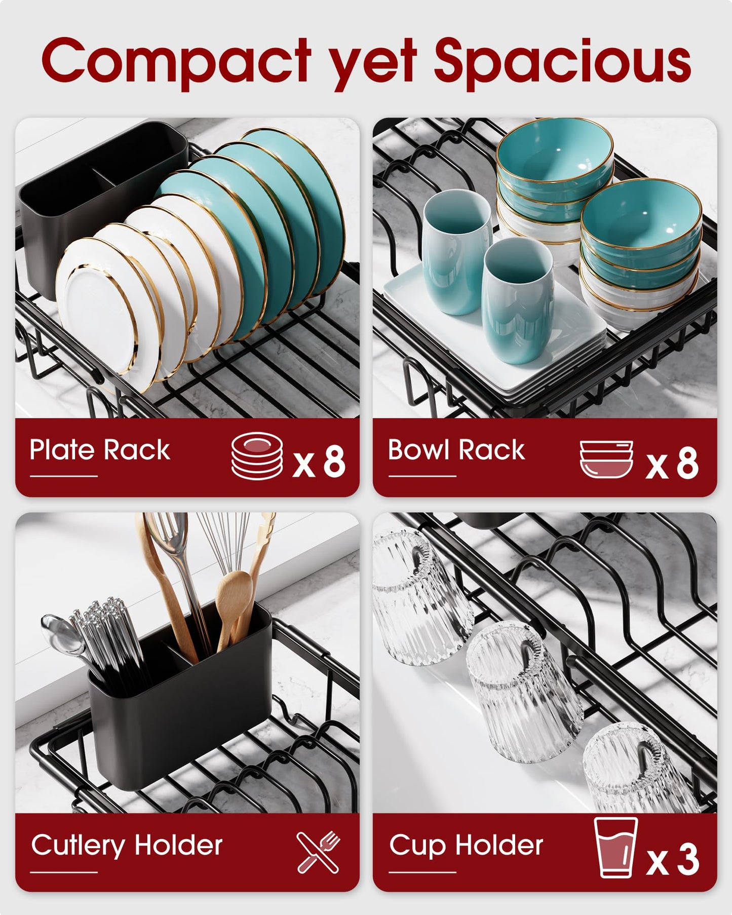 Sakugi Dish Drying Rack in Sink - Expandable Stainless Steel Dish Rack Over the Sink, Kitchen Sink Drain Strainer with Cutlery Holder & Cup Holders, 15.4 x 9.8 x 3.0 Inch, Black