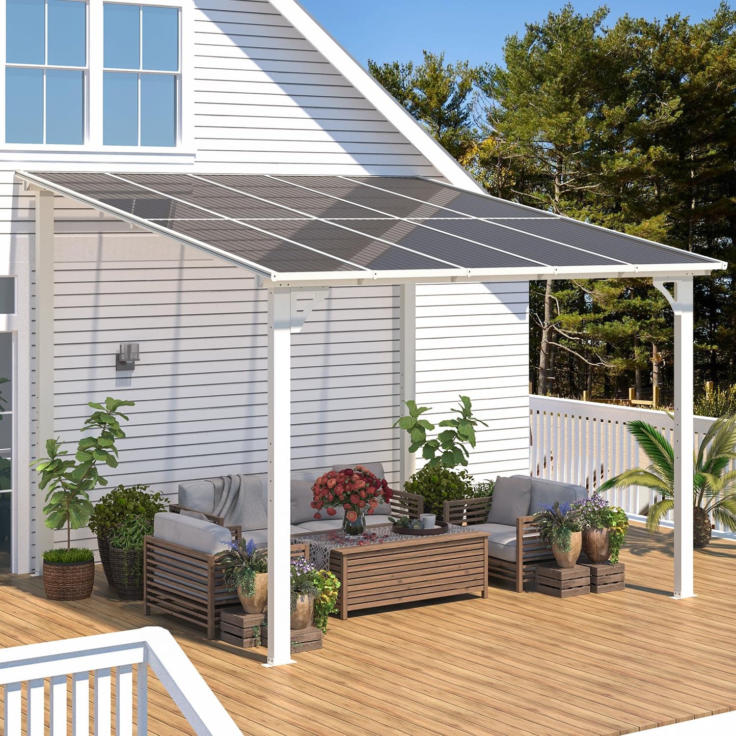AECOJOY 10' x 10' Pergola Gazebo in White, Small Wall Mounted Pergolas and Gazebos on Clearance, Outdoor Patio Lean to Gazebo Metal Awnings for Deck, Porch, Backyard and More