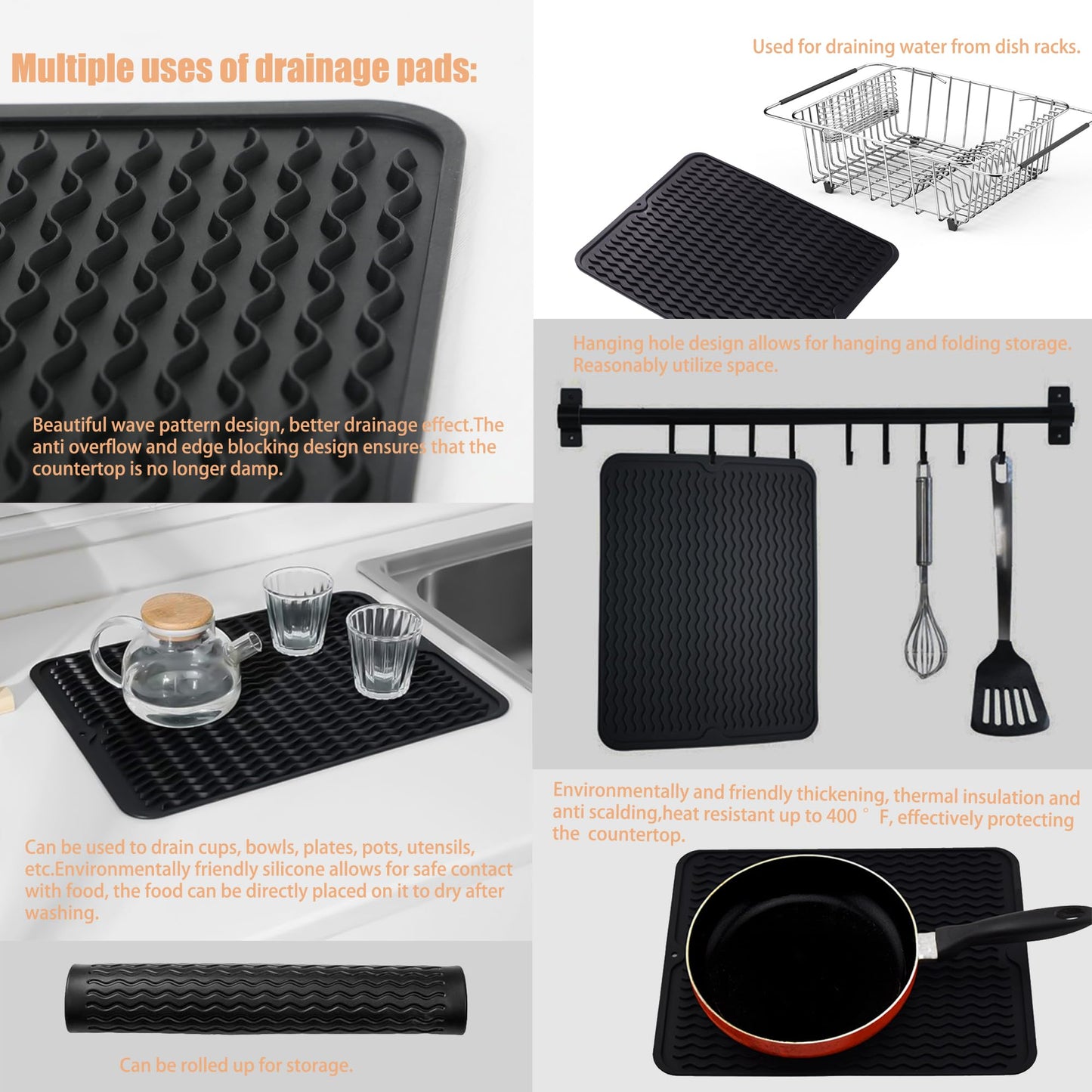 NiuYichee Stainless Steel Dish Drying Rack(15.2"L X 11"W X 5.3"H), Expandable Fruit & Vegetable Drain Rack over Sink, Dish Drainer Rack in Sink, with Stainless Steel Utensil Holder & Silicone Mat(16")