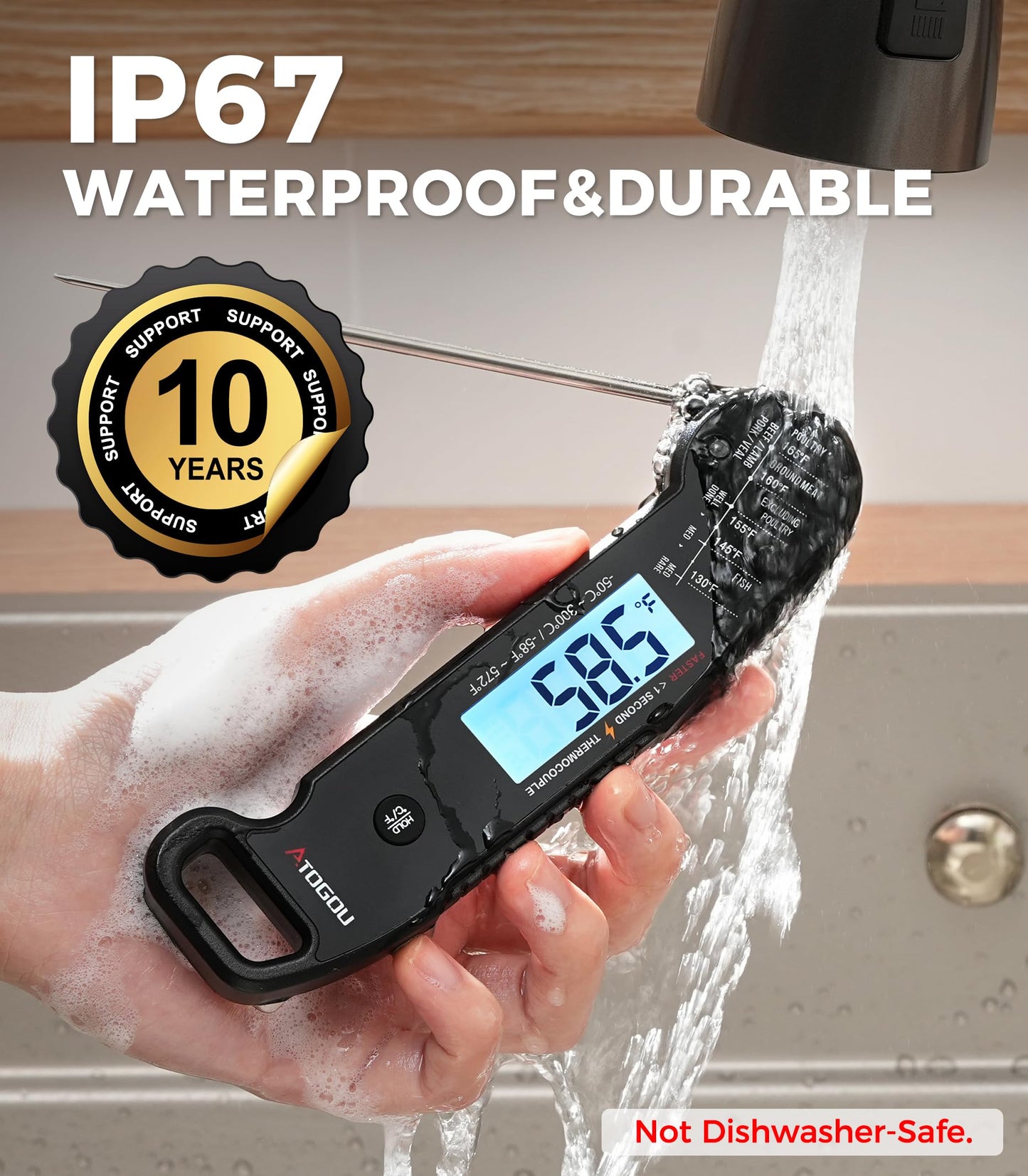 Atogou Meat Thermometer, Professional Food Thermometer, <1 Sec Instant Read, ±0.5℉ Accuracy, Thermocouple Sensor, Waterproof Digital Thermometer for Cooking, BBQ, Grill, Him Dad Birthday Gifts, Black