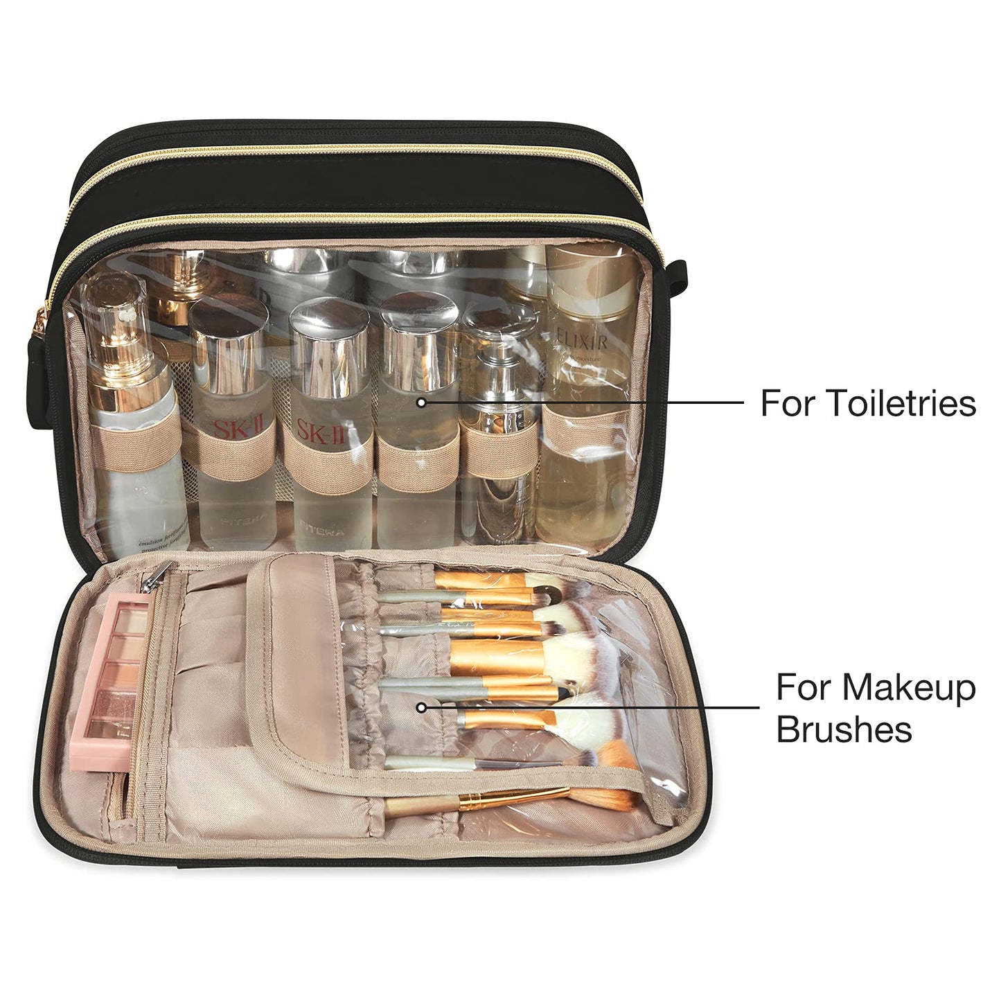 BAGSMART Toiletry Bag for Women, Large Toiletry Bag Water-resistant Makeup Cosmetic Organizer Bag Door Room Essentials for Accessories, Shampoo, Full Sized Container, Toiletries (Medium, Black)