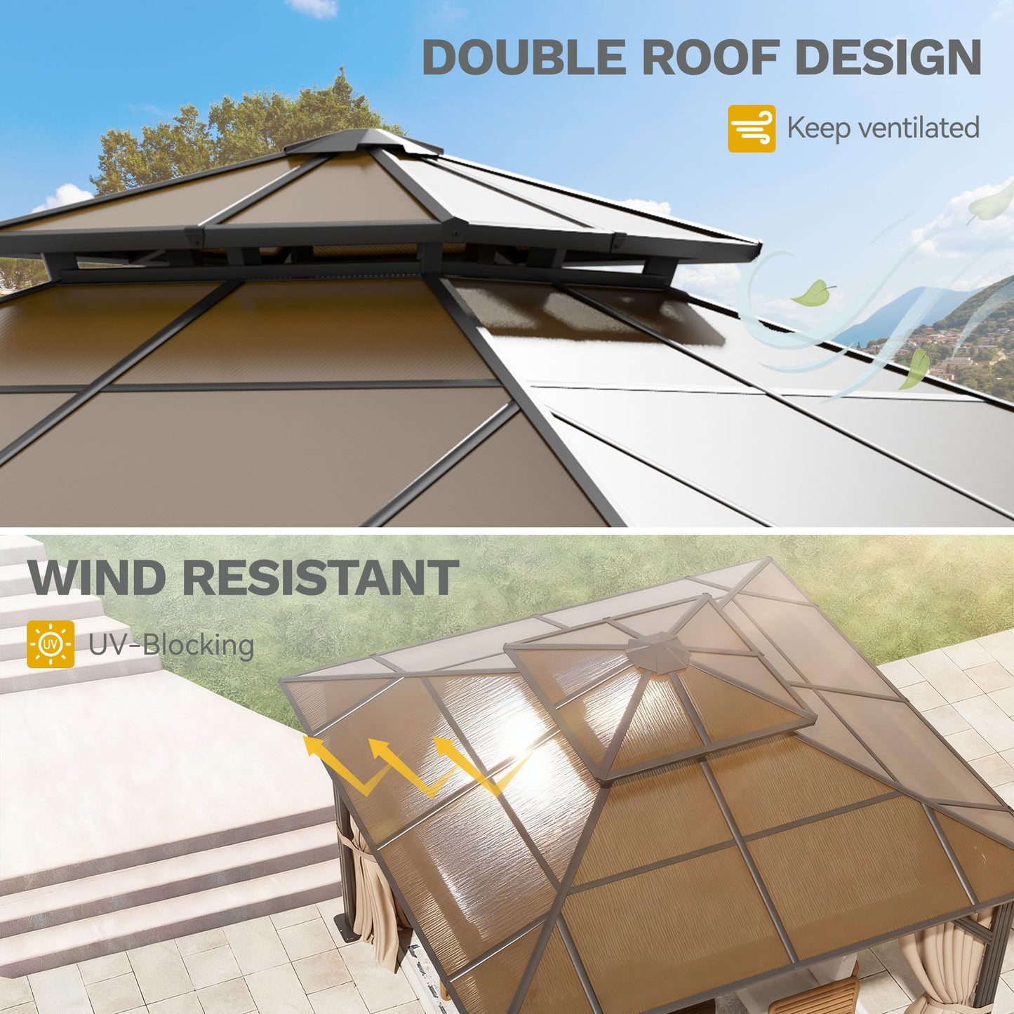 DWVO 10x10ft Gazebo Hardtop Double Roof Polycarbonate Canopy Outdoor with Netting and Shaded Curtains, Metal Frame Garden Tent for Patio, Backyard, Deck and Lawns, Brown