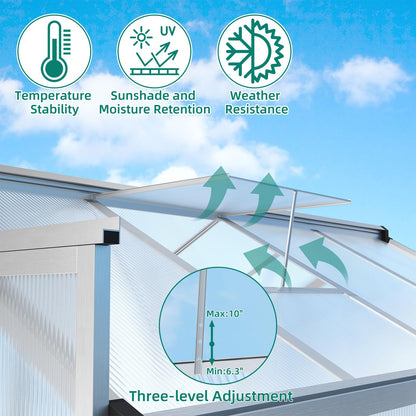 6x10 FT Greenhouse - Large Aluminum Greenhouses for Outdoors, Heavy Duty Polycarbonate Greenhouse with Roof Vent&Ground Nails, Walk-in Green Houses for Garden, Backyard, Patio, Easy Assembly
