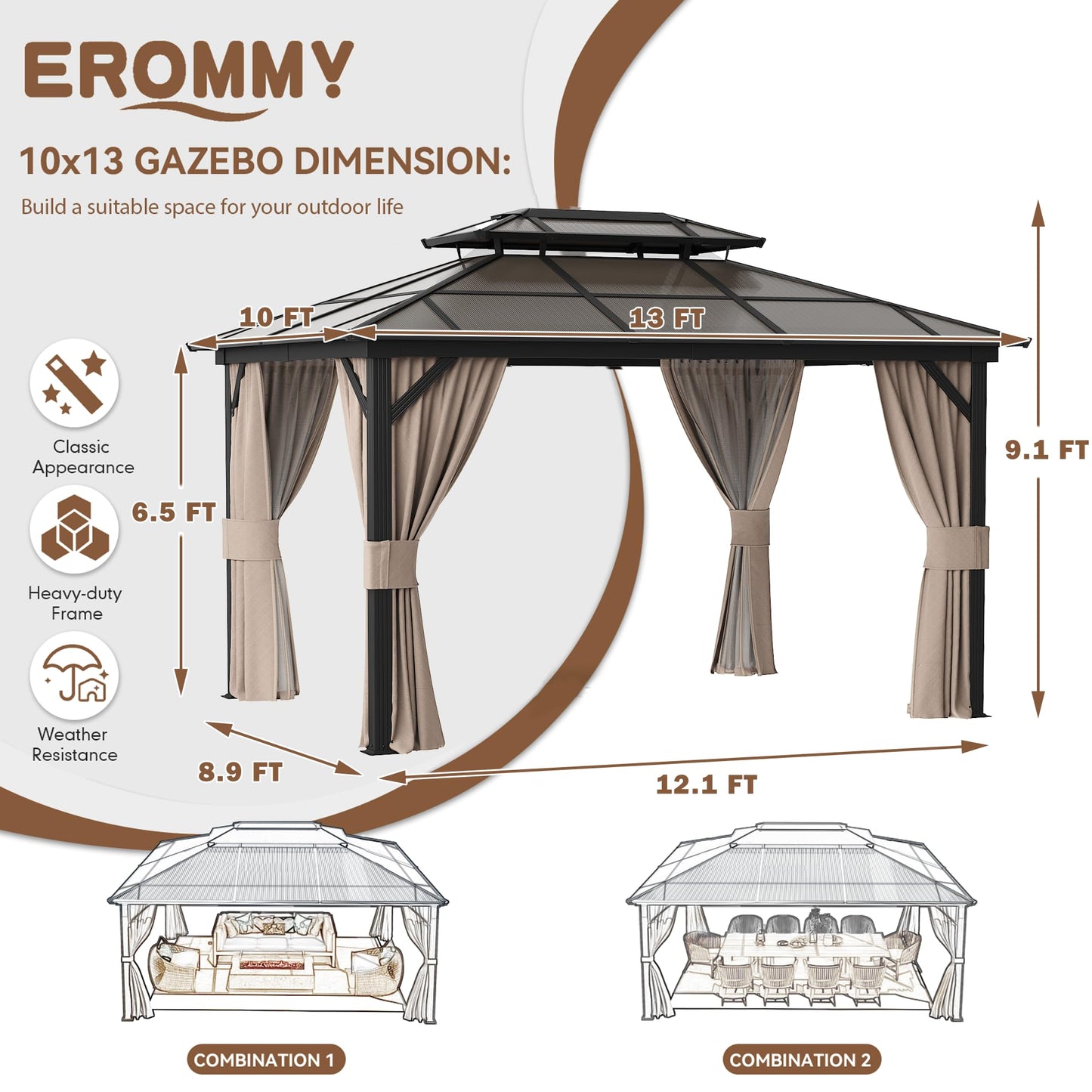 EROMMY 10' x 13' Gazebo Polycarbonate Double Roof Canopy Outdoor Aluminum Frame Pergola, Permanent Pavilion with Netting and Curtains for Garden Patio Lawns Parties