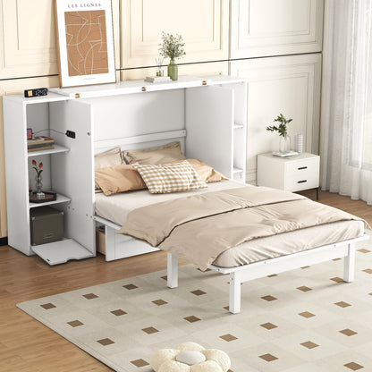 Merax Murphy Bed Frame Queen Size Cabinet with Shelves, 2 Drawers and USB Ports, Wood Versatile Platform Wall Bed