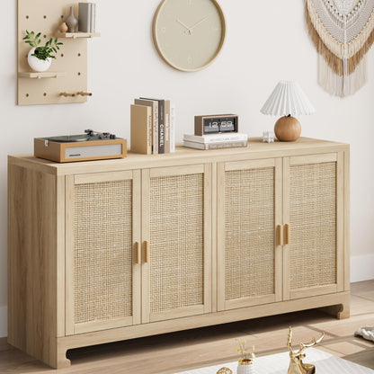 GarveeHome 60 in Farmhouse Rattan Buffet Cabinet - 4-Door Woven Storage Sideboard with Adjustable Shelves, Kitchen Console Table for Dining Room & Living Room Entryway (Oak Brown)