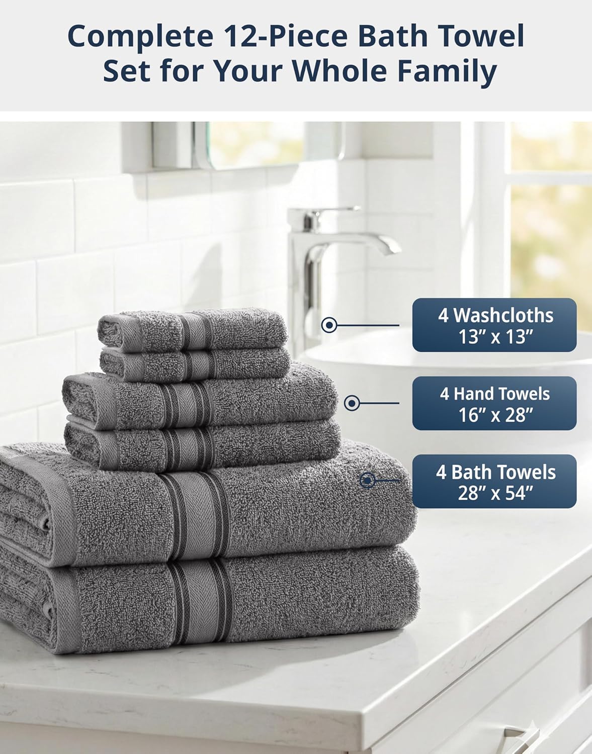Set 12 100% 4 4 4 LANE LINEN Bath Towel of Premium Cotton Towels for Bathroom, Bath, Hand & Washcloth, Zero Twist