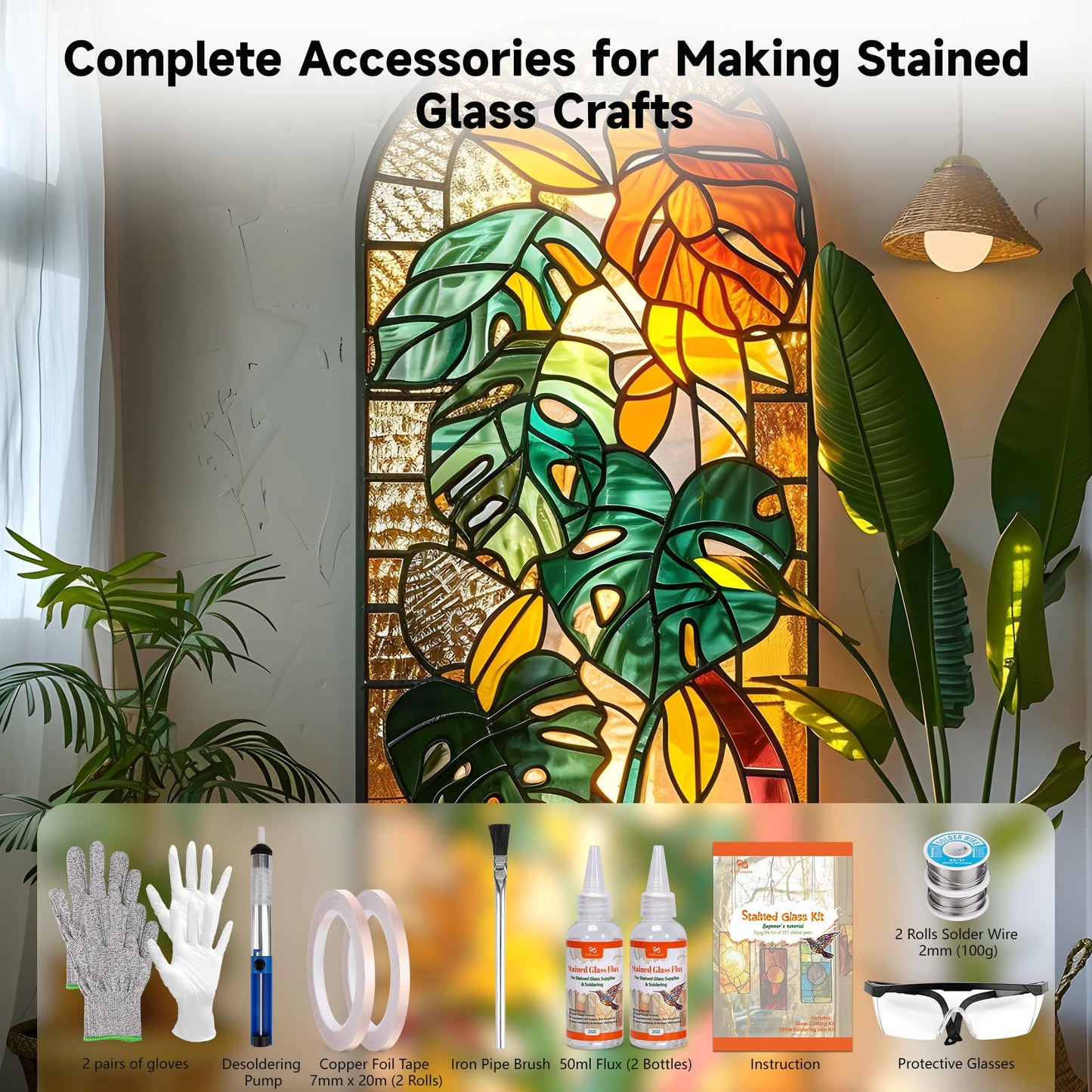 PP OPOUNT Stained Glass Kit for Beginners & Adults, Complete Stained Glass Making Kit with 100W Adjustable Soldering Iron, Glass Cutting Tools, Diamond Cutter Set & Instructions for DIY Glass Crafts