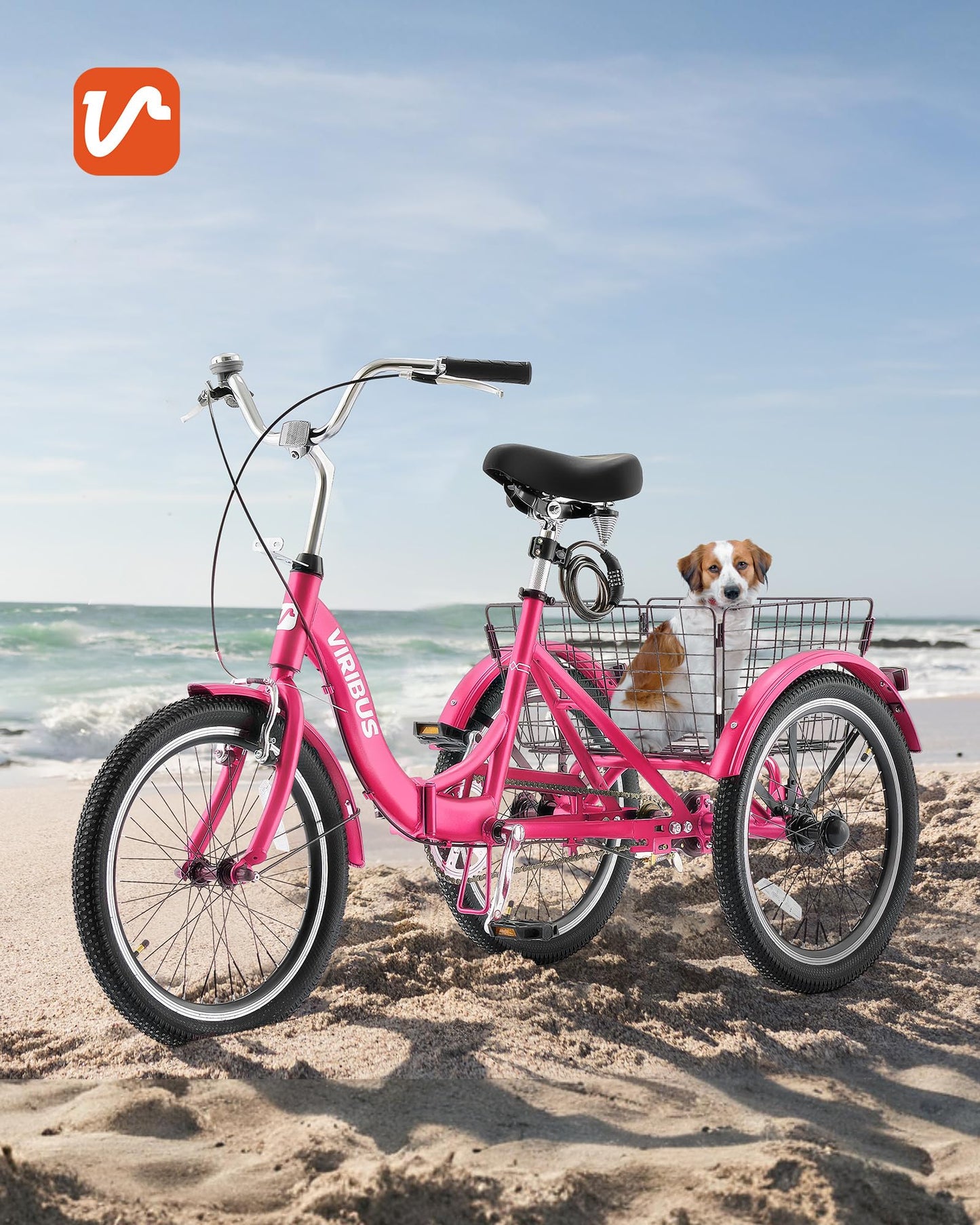 VIRIBUS Folding Tricycle for Adults, 20 inch Foldable Adult Tricycle, Folding 3 Wheel Bikes with Basket for Short Women Seniors, 1 Speed Collapsible Trike 330lb. Capacity, Three Wheeler Hot Pink