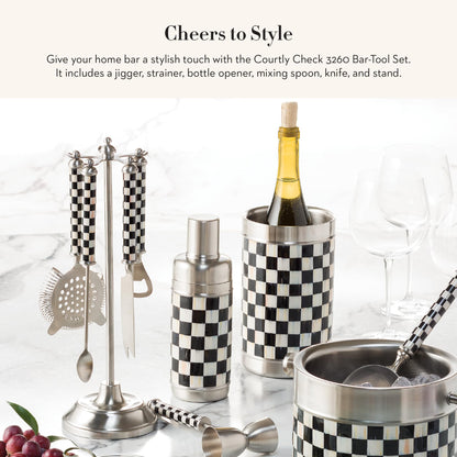 MACKENZIE-CHILDS 3260 Bar-Tool Set, 5-Piece Set with Stainless-Steel Jigger, Strainer, Bottle Opener, Mixing Spoon, Knife, and Stand, Black-and-White Courtly Check