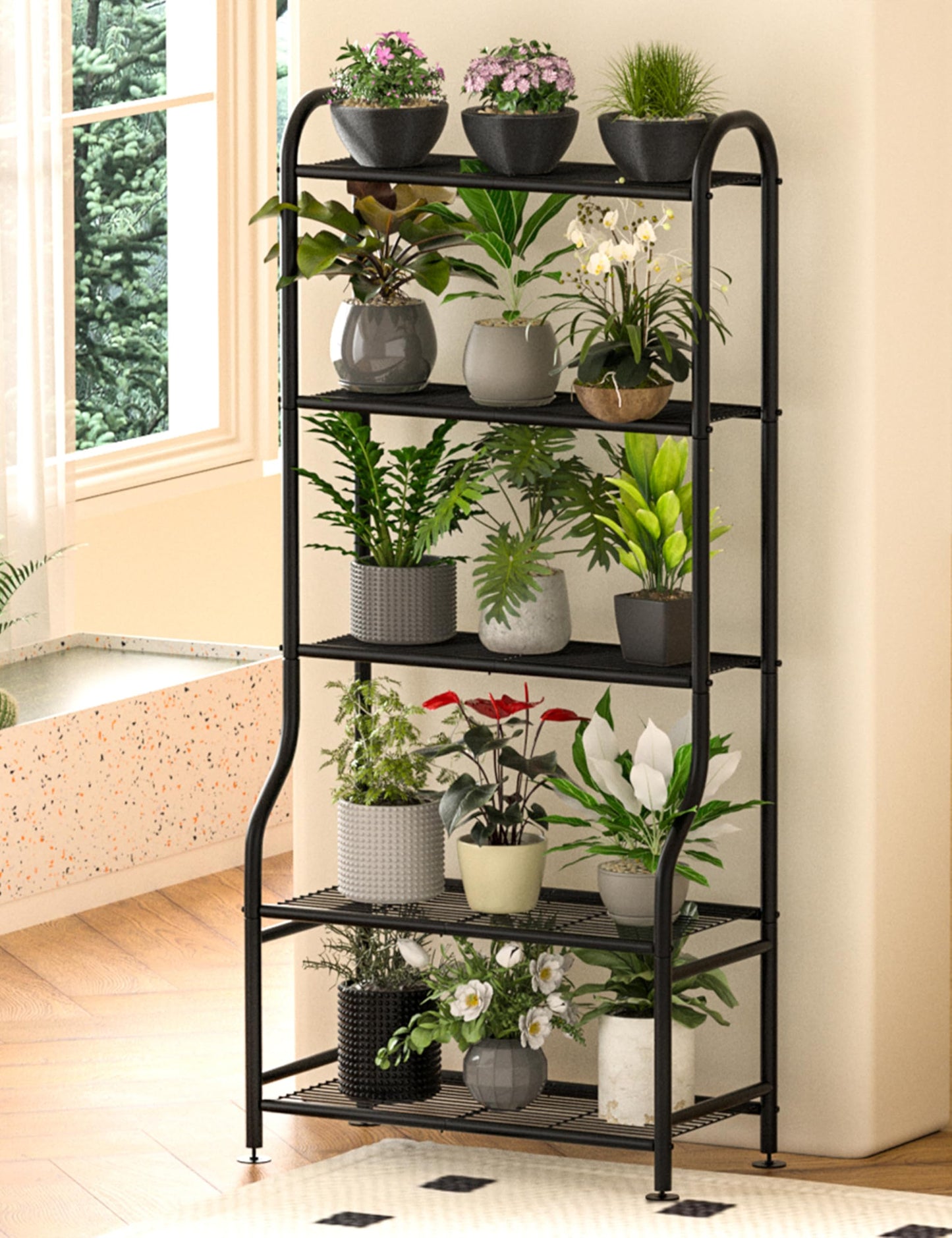 Yutrchey 5-Tier Metal Plant Stand - Heavy Duty Indoor Outdoor Flower Shelf for Multiple Pots, 65" Tall Vertical Holder with Adjustable Leveling Feet & Wall-Fixing Kits, Black