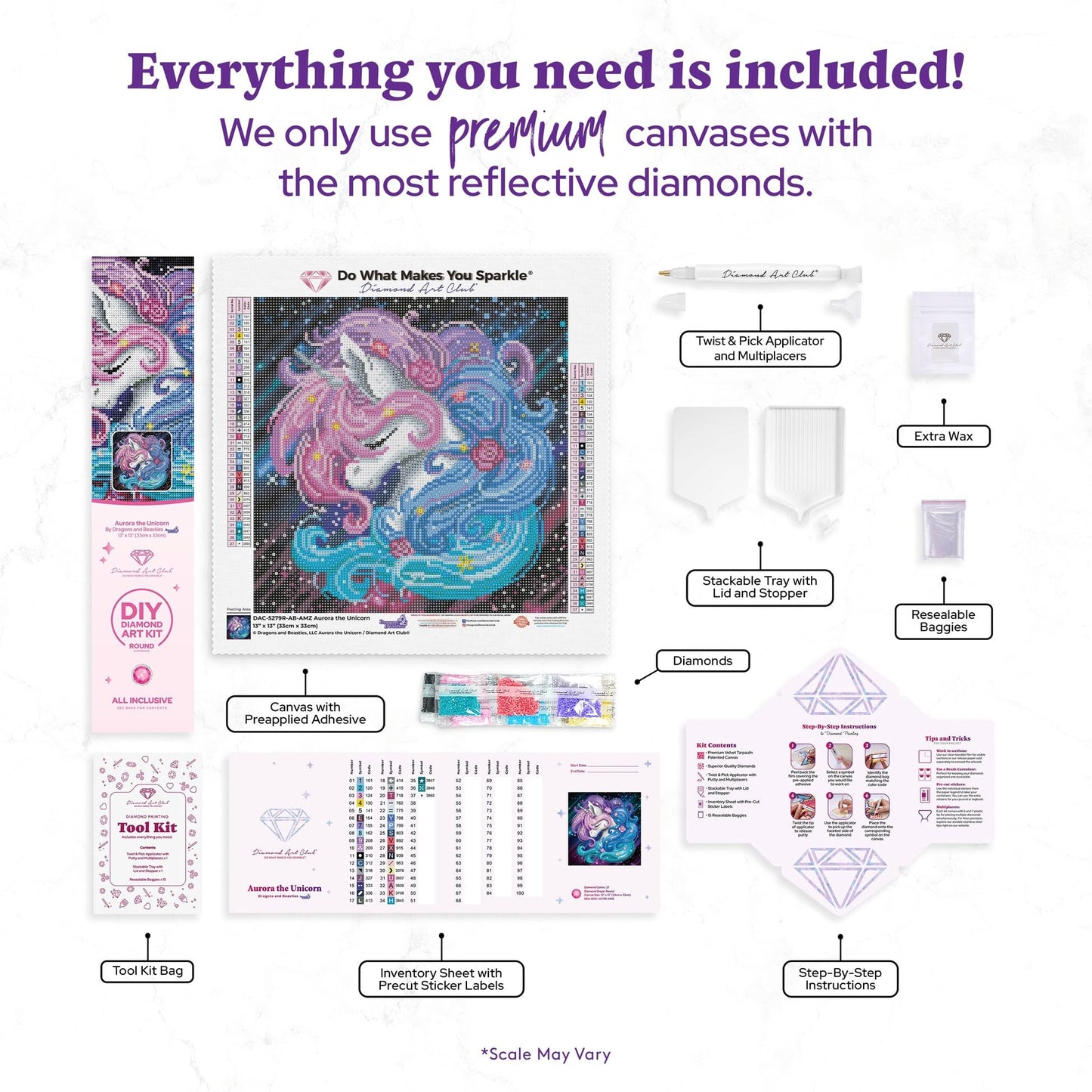 DIAMOND ART CLUB Aurora the Unicorn Diamond Painting Kit, Fun DIY Crafts for Adults, Round Diamond Art Canvas, 13" x 13" (33 cm x 33 cm)