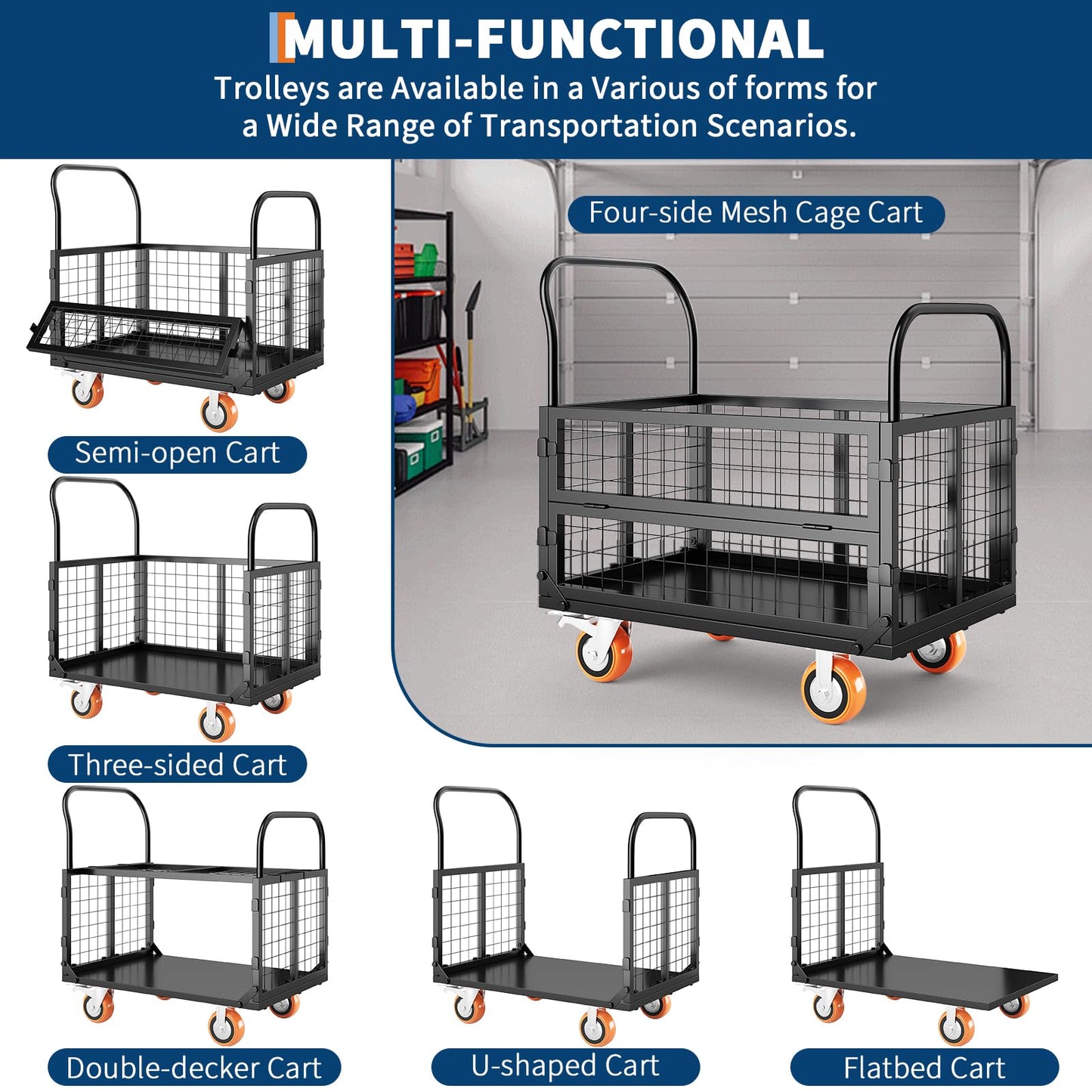 Platform Truck Cart with Cage, Multipurpose 6 in1 Foldable Flatbed Cart Heavy Duty Push Cart Dolly w/Swivel Wheels 1800Lbs Capacity Utility Hand Cart for Grocery, Laundry, Garage, Warehouse