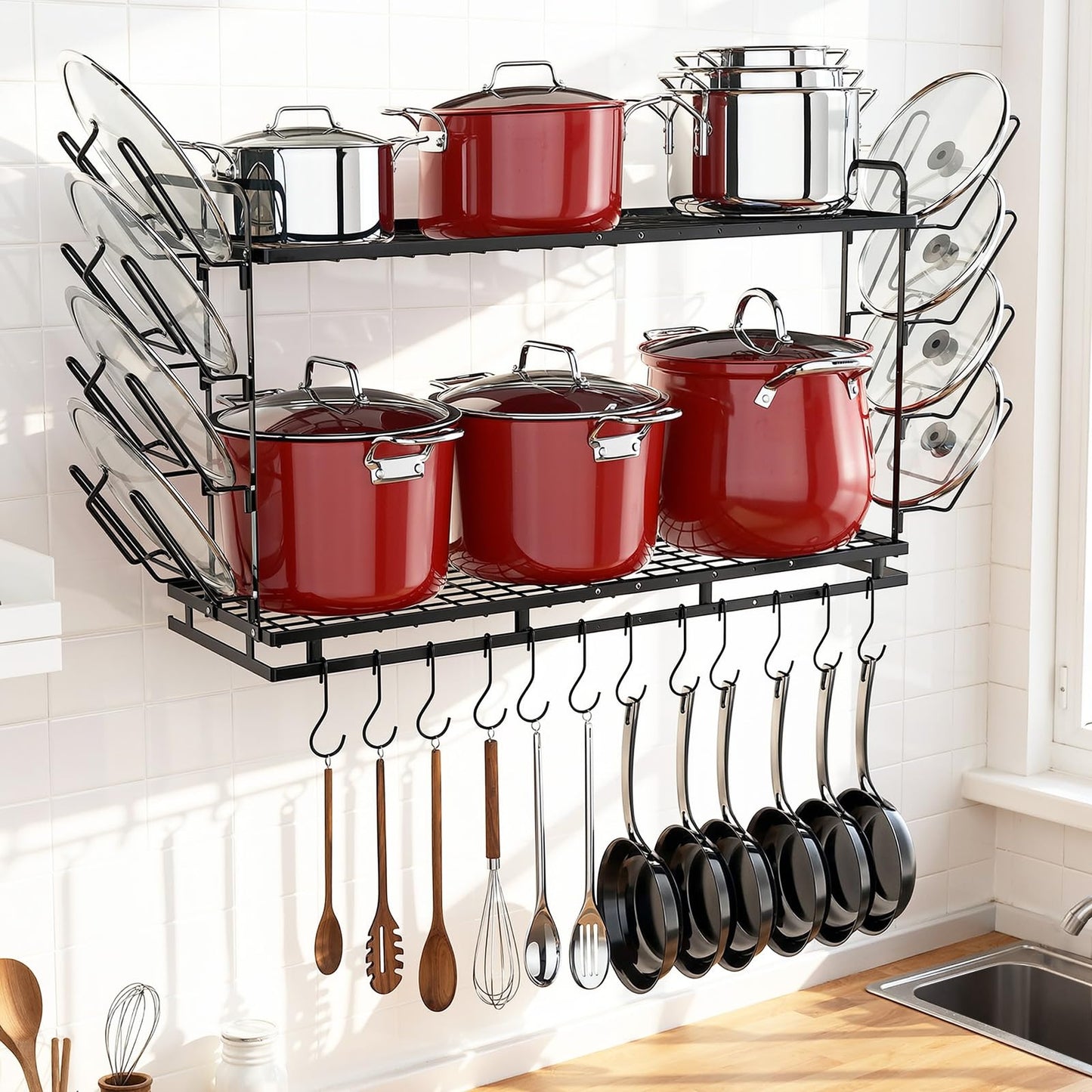 Housolution Pot Rack Wall Mounted, 22''-30'' Length Expandable, 3 Level Height Adjustable, 2 Tier Heavy Duty Hanging Cookware Pan Organizer with 12 Hooks and 8 Lid Holders