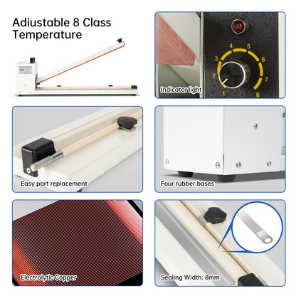 R-PACK Impulse Heat Sealer with Seal bar, Heavy-Duty Bag Sealing & Cutting Machine, 8mm Sealing Width, 1 Extra Replacement (white, 30 inch)
