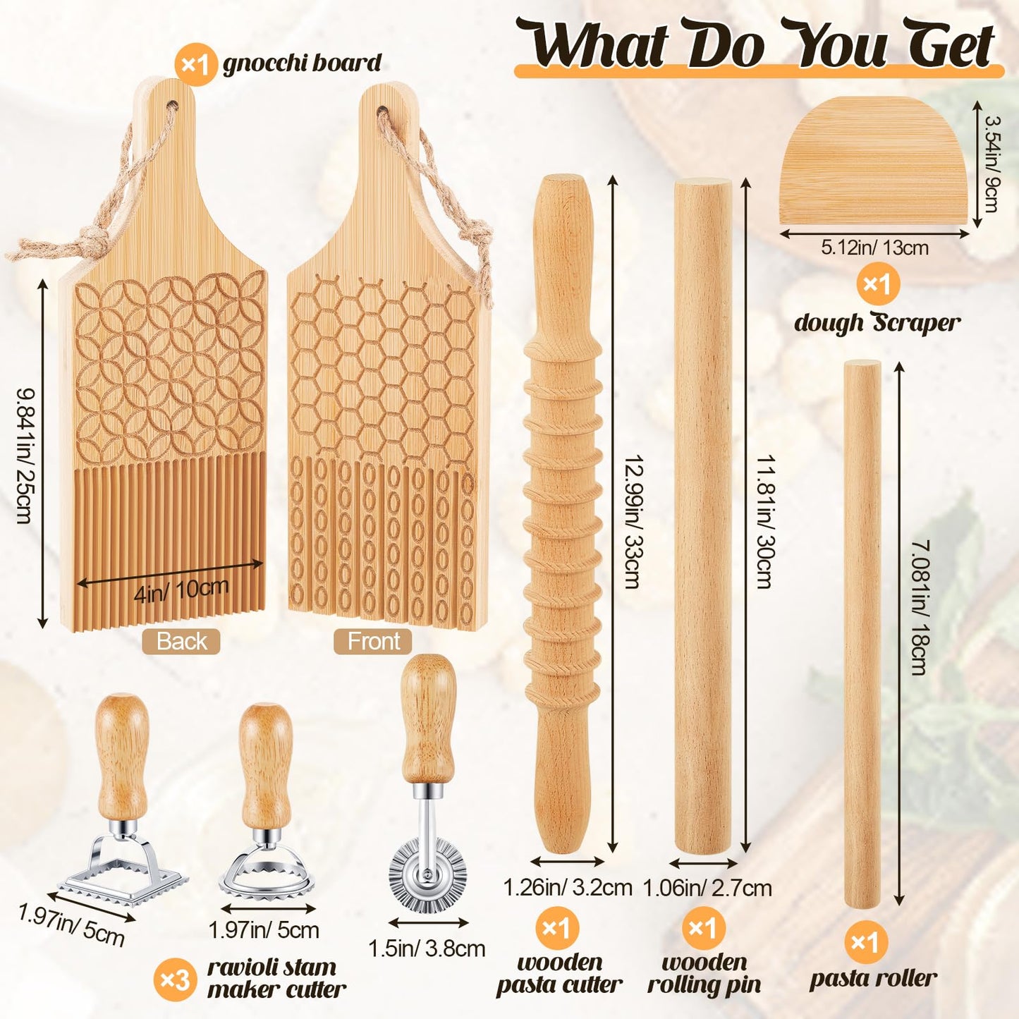 Tioncy 9 Pcs Pasta Making Tool Set, Wood Gnocchi Board with Ravioli Mold Raviolo Maker Raviolo Stamp Rolling Pin Gnocco Maker for Home Cooking Kitchen Gift(Pattern Gnocchi Board with Ravioli Mold Set)