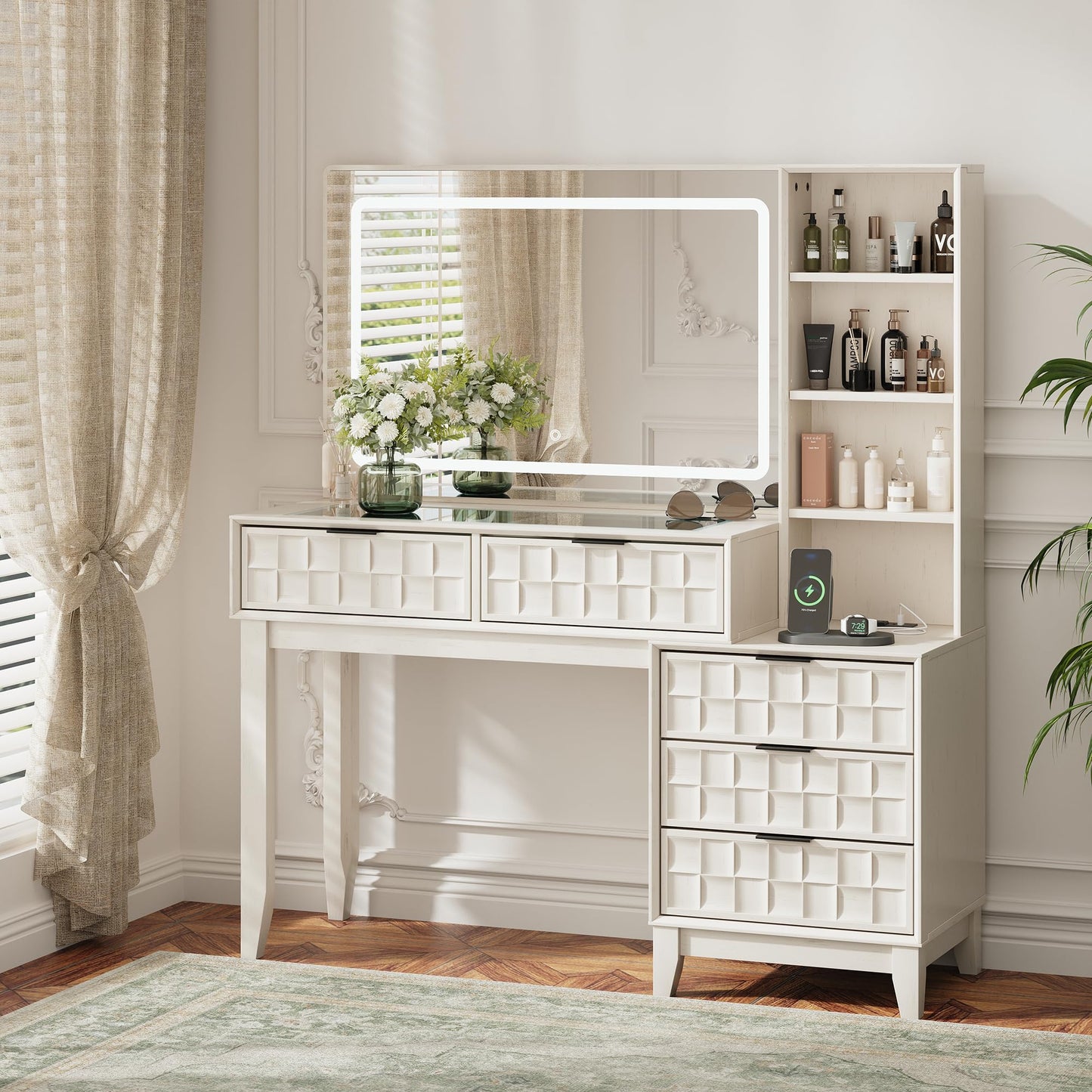 MALOL Vanity Desk, Checkerboard Wood 50" Dressing Table with 5 Drawers & 4 Storage Shelves, Large Glass Top Makeup Vanity with Built-in Power Strip with USB & Type-C, White Wood
