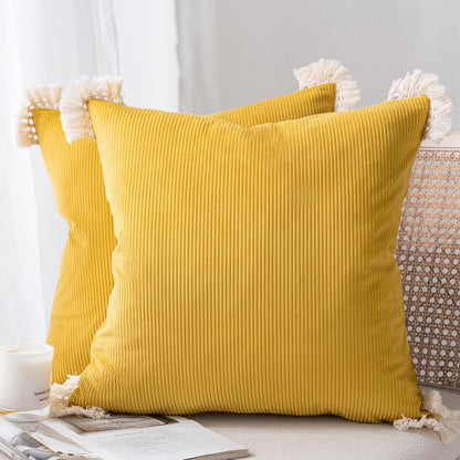 Phantoscope Pack of 2 Corduroy Soft Pillow Covers - Decorative Striped Velvet Throw Pillows with Cotton Tassels