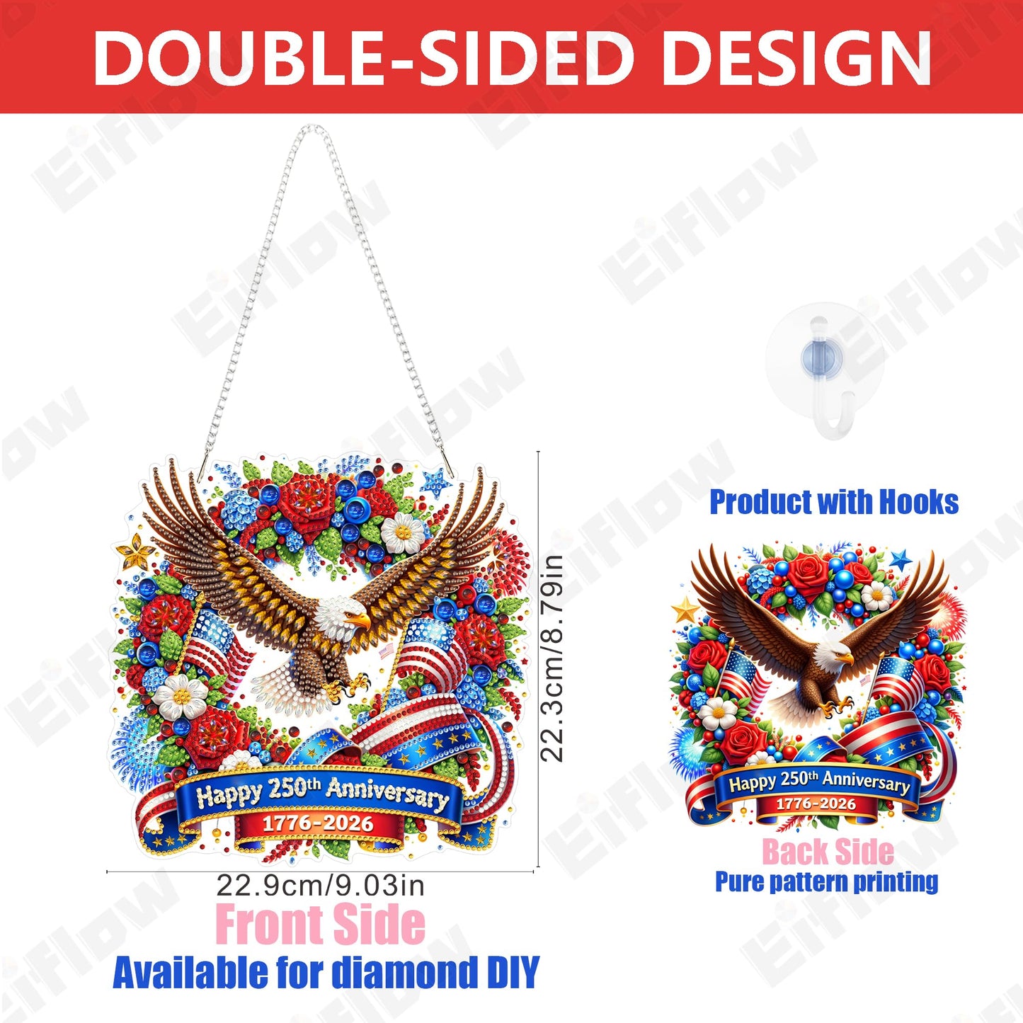 Eiflow 250 Years Anniversary Diamond Art Hanging Kit for Adults, DIY Patriotic Diamonds Painting Door Hanger Board Kit, Crystal Diamond Art Painting Pendant Ornament (Eagle)