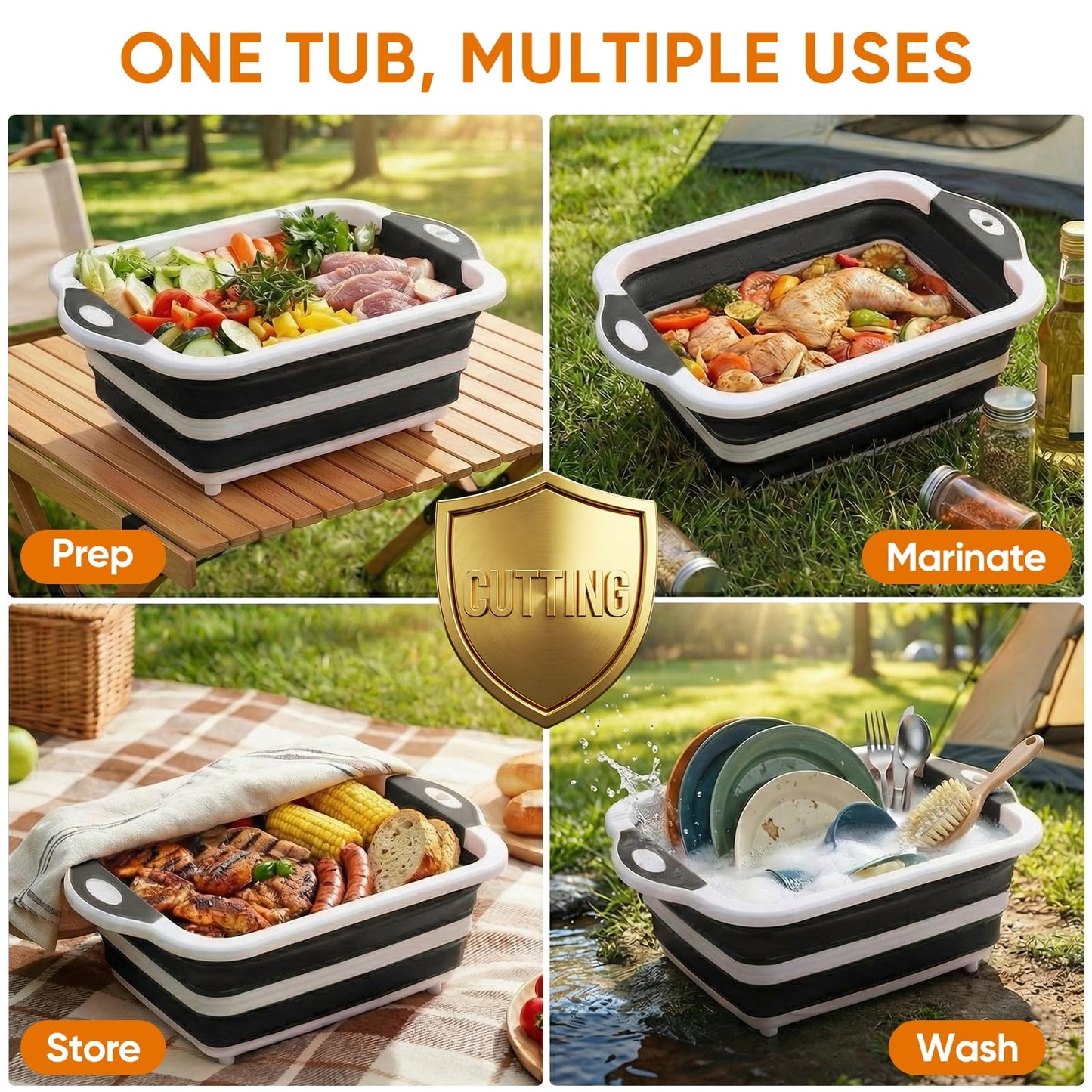 Collapsible BBQ Prep Tub with Lid, Foldable Camping Sink with Colander, Cutting Board, Dish Basin for Kitchen, Bowl, Vegetable and Fruit, Storage Basket for Picnic-Black