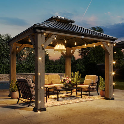 Aoxun 10' x 10' Outdoor Wood Gazebo, Hardtop Gazebo Permanent Wooden Pavilion with Galvanized Steel Double Roof, for Backyard, Garden, Deck, Cedar Wood, Grey