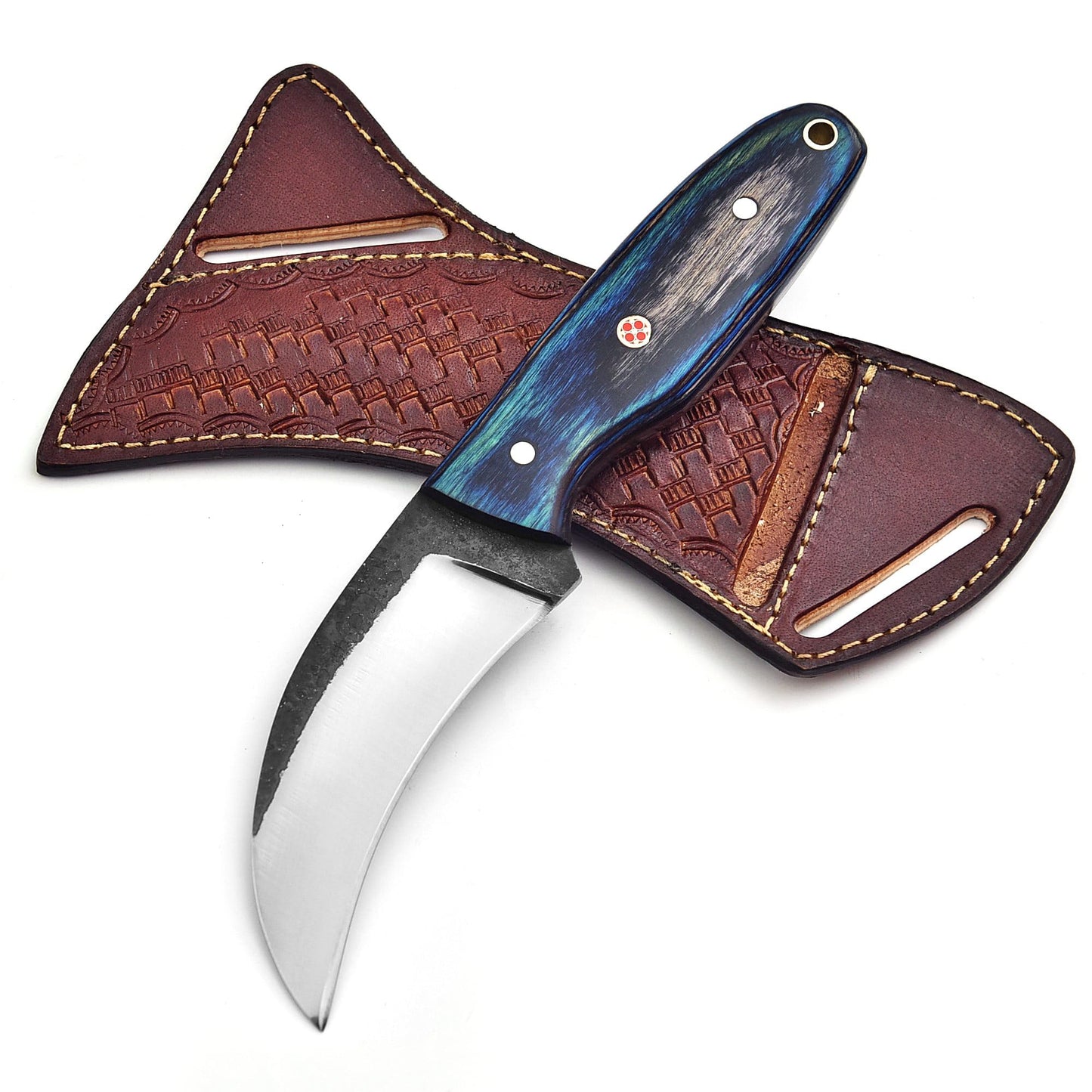 Trade Scorpio Handmade 1095 high Carbon Steel Lineman Hawkbill knife- Wire Skinnning Knives- With Pancake Leather Sheath- Fixed Blade Knife- electrician knife (Blue & black Wood)