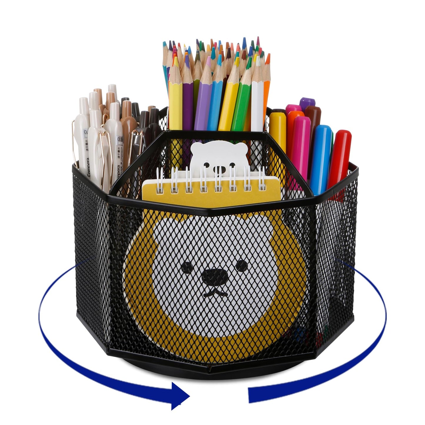 Comix 360° Rotating Pen Holder for Desk, 5 Compartments Office Desk Organizer, Black Mesh Metal Pencil Holder Cup for Office Home School