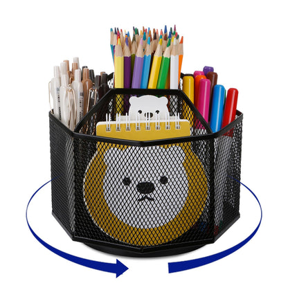 Comix 360° Rotating Pen Holder for Desk, 5 Compartments Office Desk Organizer, Black Mesh Metal Pencil Holder Cup for Office Home School