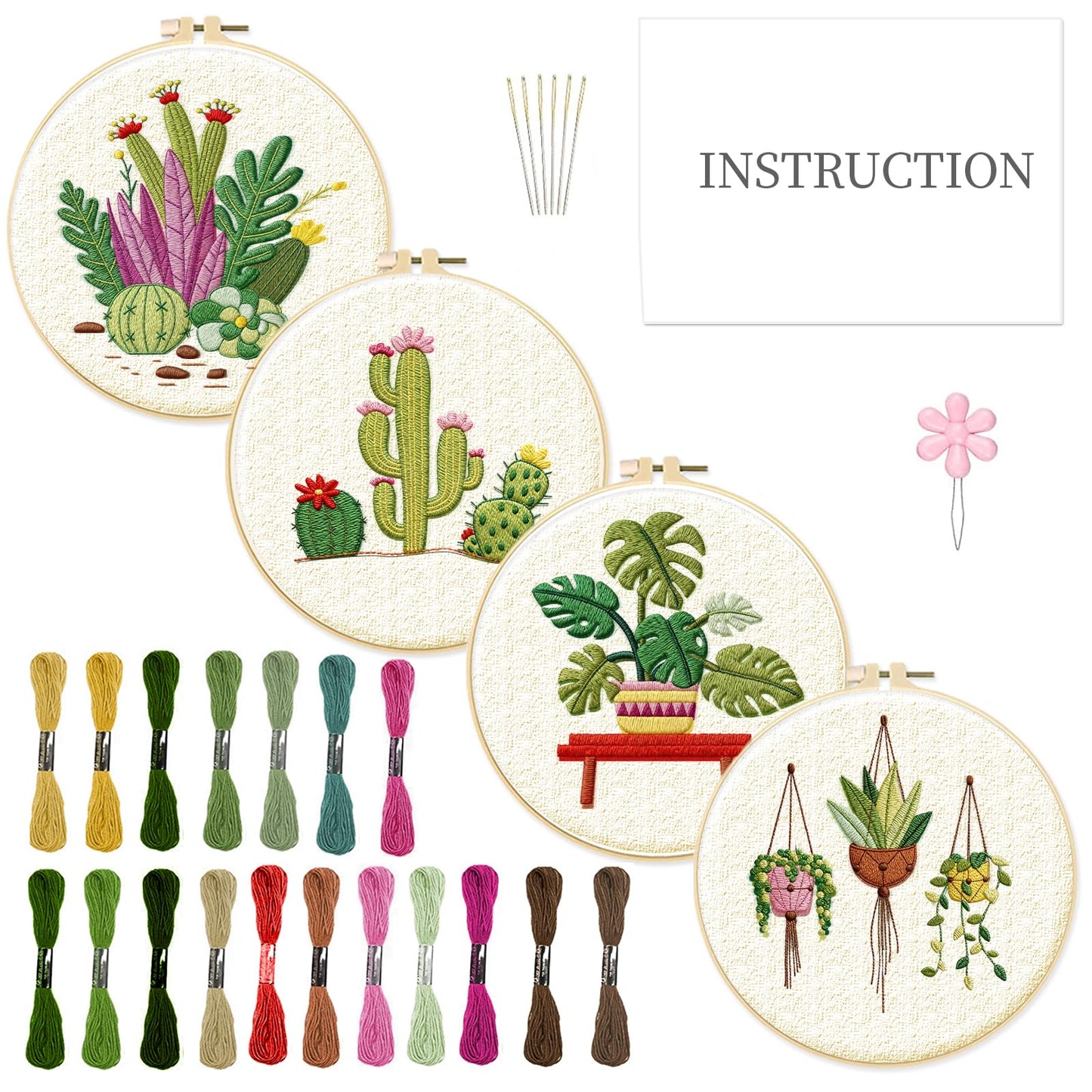 INFUNLY 4 Pack Tropical Plants Embroidery Kit for Beginners Adults Cactus Embroidery Starter Kit Punch Needle Embroidery Kits Palm Leaf Cross Stitch Kits with Patterns Instructions for DIY