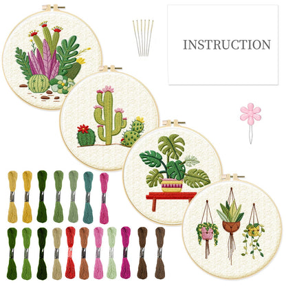 INFUNLY 4 Pack Tropical Plants Embroidery Kit for Beginners Adults Cactus Embroidery Starter Kit Punch Needle Embroidery Kits Palm Leaf Cross Stitch Kits with Patterns Instructions for DIY
