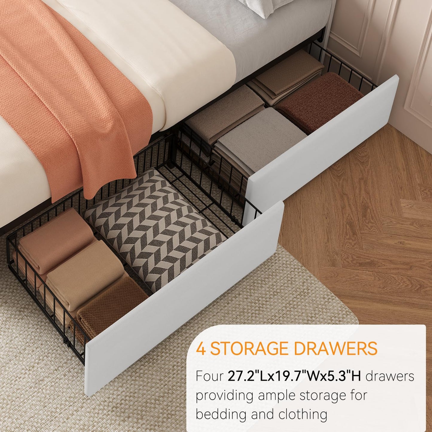 GAOMON King Size Bed Frame with 4 Storage Drawers and Headboard, Faux Leather Upholstered Platform Bed Frame with Wooden Slats Support, Button Tufted Design, No Box Spring Needed, White