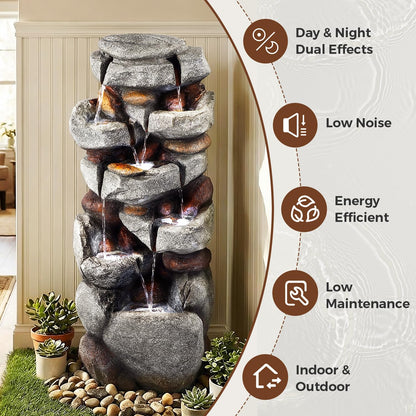 40" H Outdoor Water Fountain, Cascading Rock Waterfall Fountain with 6 White LED Lights, 7-Tiers Large Water Feature for Outdoor, Garden Water Fountain for Patio, Yark, Deck, Porch, Home Decor